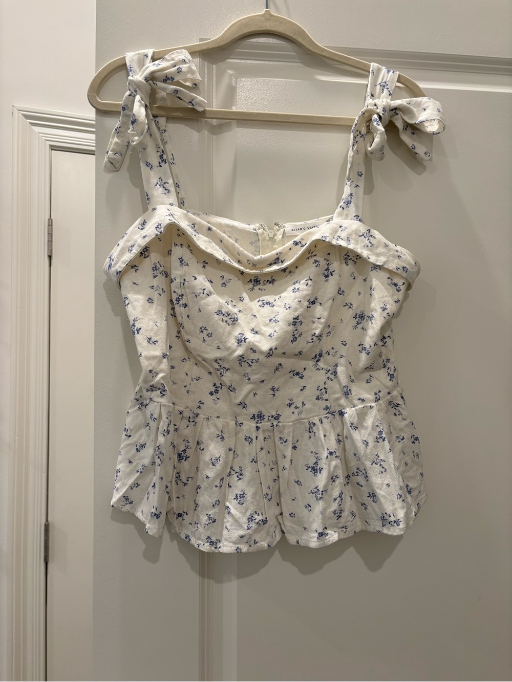 Altar'd State Cream and Blue Floral Tank with Adjustable Tie-Straps